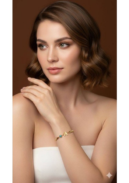 Kadın Çift Kelebek Mavi Taş Gold Bileklik modelleri