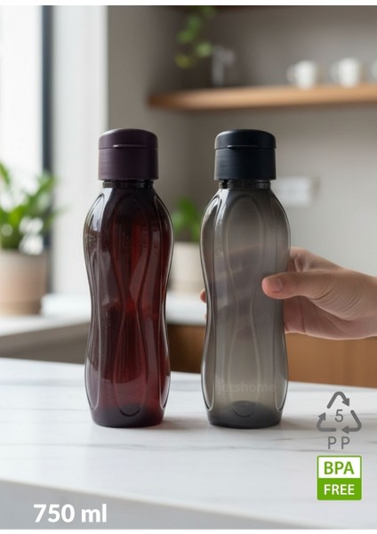 2’li Suluk Seti PP-5 Bpa Free Akıtmaz-Kokusuz Ofis-Spor-Okul Matarası Siyah Bordo 750 ml
