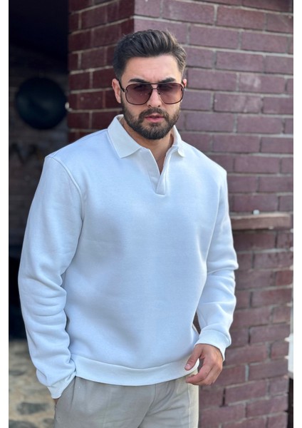 Erkek Beyaz Polo Yakalı Pamuklu Yumuşak Kalın Kumaşlı Oversize Sweatshirt indirimleri