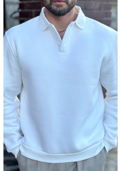 Erkek Beyaz Polo Yakalı Pamuklu Yumuşak Kalın Kumaşlı Oversize Sweatshirt