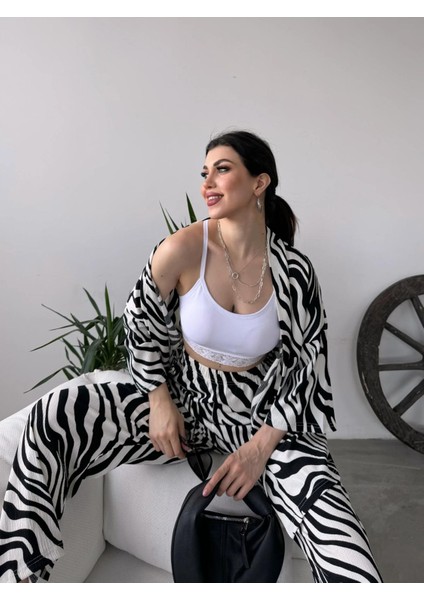 Desenli Kimono & Pantolon Ikili Takım - Si̇yah/beyaz-Zebra fiyatları