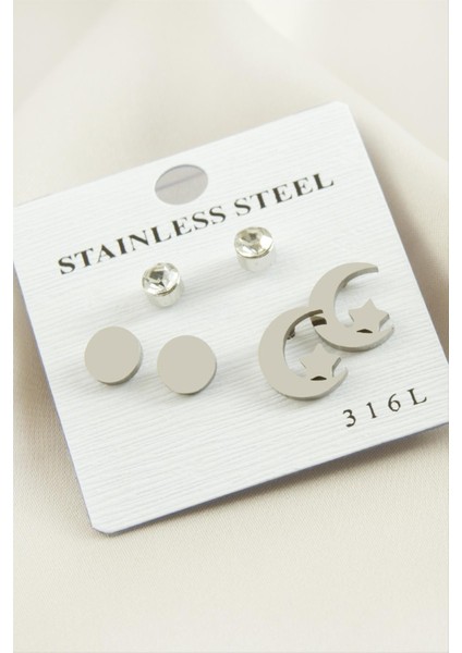 6 Adet Ay Yıldız Taşlı Çelik Küpe