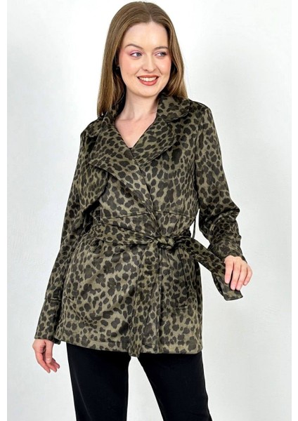 Zr Model Leopar Desenli Süet Cepli ve Kemerli Trençkot