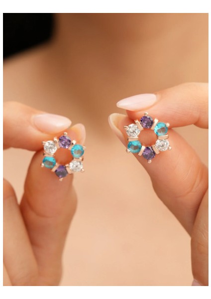 925 Ayar Rose Kaplama Renkli Taşlı Lava Yuvarlak Gümüş Küpe