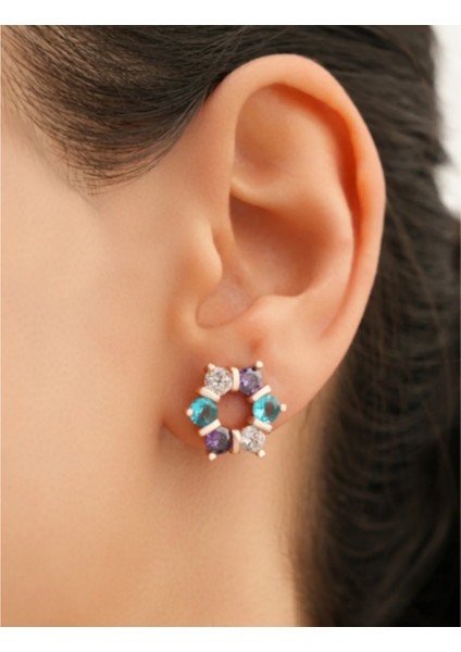 925 Ayar Rose Kaplama Renkli Taşlı Lava Yuvarlak Gümüş Küpe fiyatları