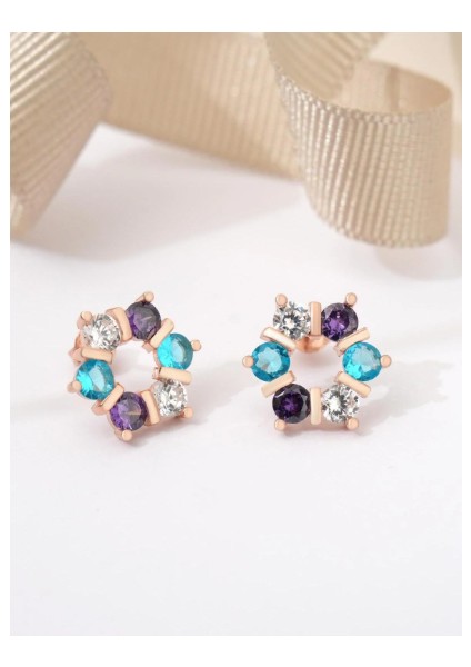 925 Ayar Rose Kaplama Renkli Taşlı Lava Yuvarlak Gümüş Küpe modelleri