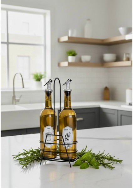 2'li Cam Yağdanlık Zeytinyağlık & Sirkelik Seti – Metal Standlı, Şık Tasarım (750CC)
