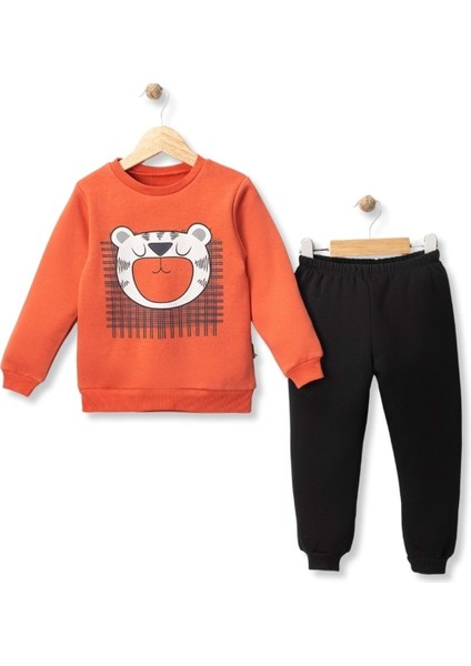 Kedi Baskılı Üç Iplik Şardonlu Alt Üst Takım - MYS5339-KIREMIT-1 Yaş Kiremit