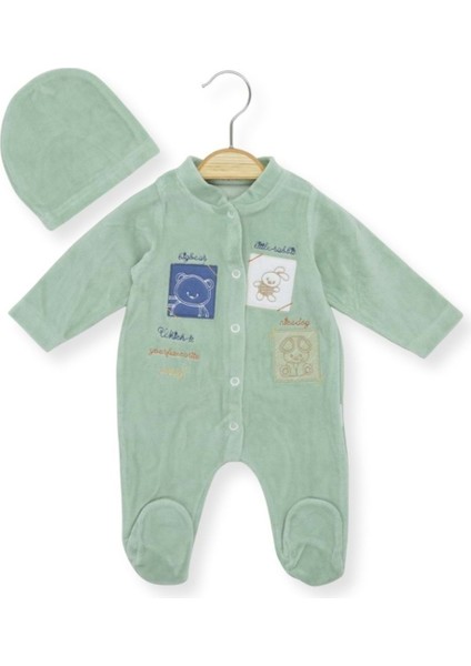 Kare Nakışlı Kadife Şapkalı Patikli Tulum - Mint Yeşili - 3 - 6 Ay - HYT1259-MINT Yeşili-3 - 6 Ay Mint Yeşili