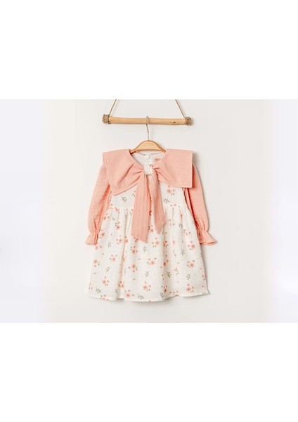 Çiçekli Yaka Fiyonk Detaylı Elbise - SOF3550-SOMON-6 - 9 Ay Somon