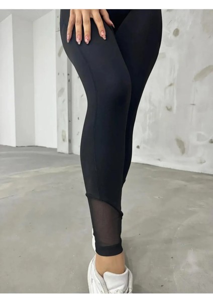 Bileği Tül Detaylı Cepli Scuba Tayt - Si̇yah