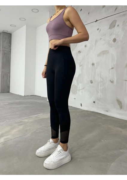 Bileği Tül Detaylı Cepli Scuba Tayt - Si̇yah fiyatları