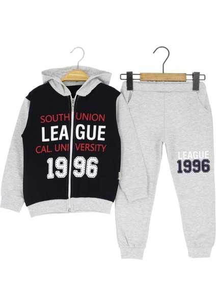 Fermuarlı League Baskılı Iki Iplik Alt Üst Takım - SLL7012-GRI-4 Yaş Gri