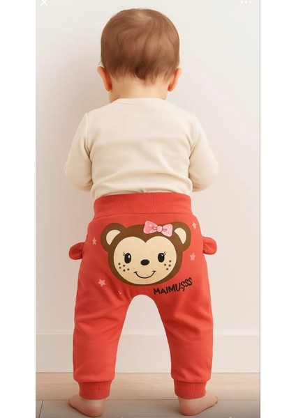 Pamuklu Kulaklı Maymun Baskılı Tek Alt Eşofman Pijama