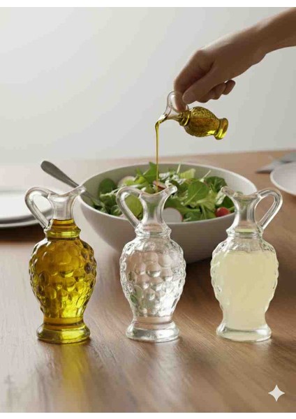 3 Lü Cam Minik Zeytinyağı Ayçiçek Yağı Sirke Limon Şisesi Sofra Sunum Şisesi Sosluk