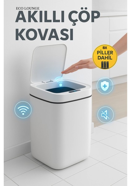 Akıllı Çöp Kovası, Büyük Boy 20 Litre, Uv Işık ve Sensörlü, Haraket Algılayan, Sessiz Kapak