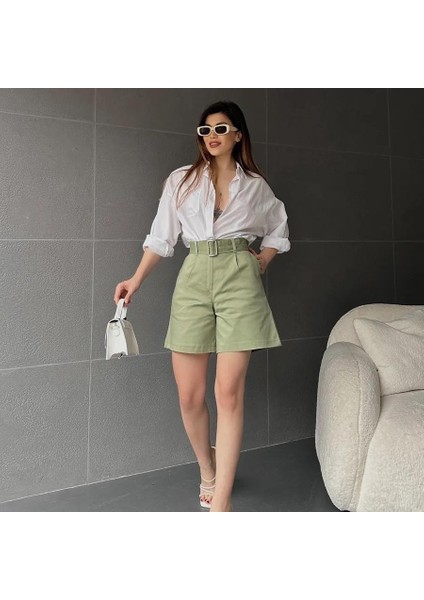 Kuş Gözü Kemerli Geniş Paçalı Mom Şort - Haki̇ modelleri