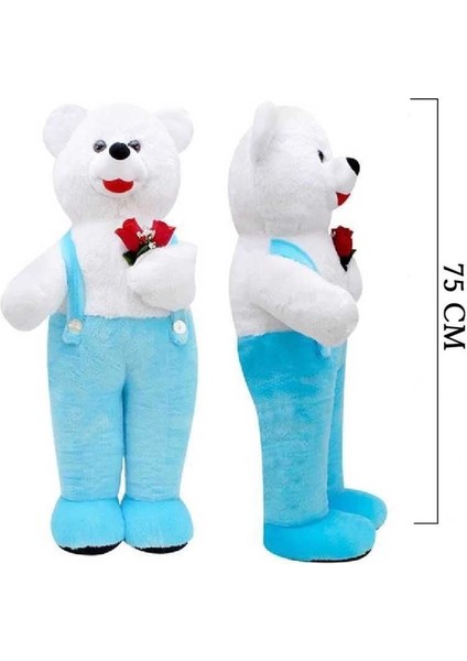 75 cm Mavi Çiçekli Tulumlu Ayakta Duran Sevimli Peluş Ayıcık