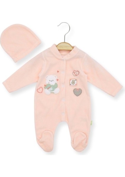 Kalpli Ayıcık Nakışlı Patikli Şapkalı Kadife Tulum - Somon - 9 - 12 Ay - HYT1263-SOMON-9 - 12 Ay Somon