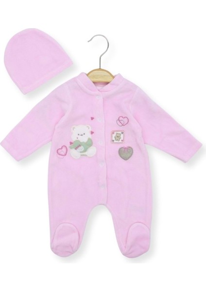 Kalpli Ayıcık Nakışlı Patikli Şapkalı Kadife Tulum - Pembe - 3 - 6 Ay - HYT1263-PEMBE-3 - 6 Ay Pembe