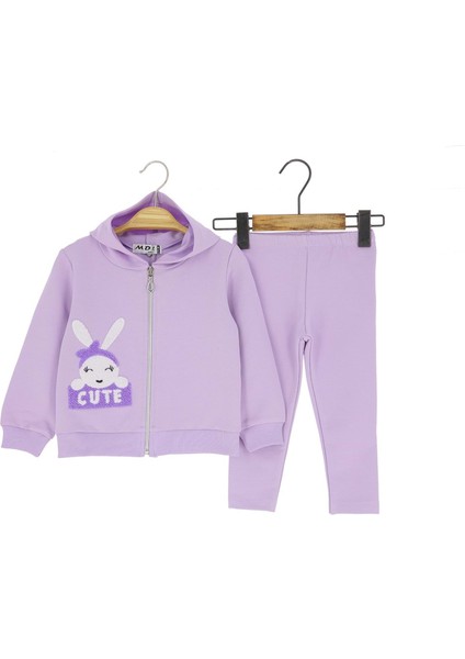 Kapüşonlu Cute Tavşan Nakışlı Taytlı Üçlü Alt Üst Takım - MDL2121-LILA-18 Ay Lila