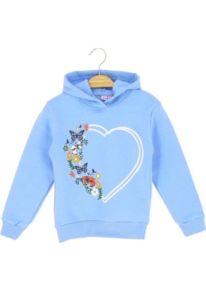 Kelebek Kalp Baskılı Kapüşonlu Üç Iplik Sweatshırt - Mavi - 3 Yaş - STP19453-MAVI-3 Yaş Mavi