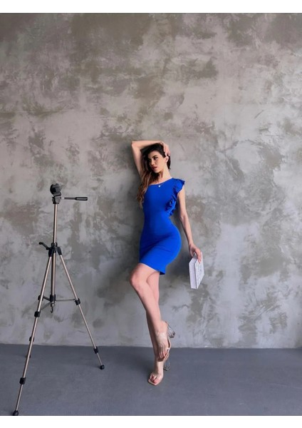 Tek Omuz Volanlı Gece Elbisesi - Mavi̇ modelleri