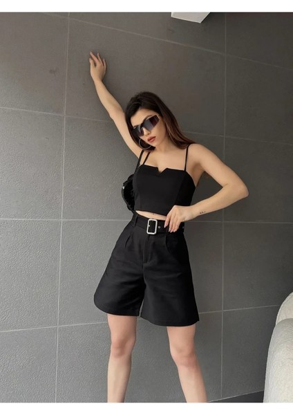 Kemerli Mom Şort -Si̇yah