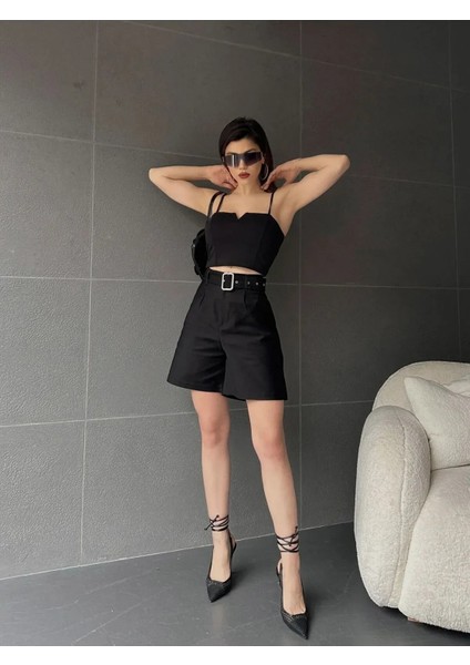 Kemerli Mom Şort -Si̇yah modelleri