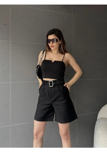 Kemerli Mom Şort -Si̇yah fırsatları