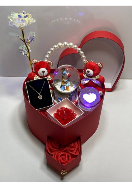 14 Şubat Sevgililer Gününe Özel Hediye Kırmızı Hediye Kutusu - Kar Küresi - Kolye - Incili Taç indirimleri