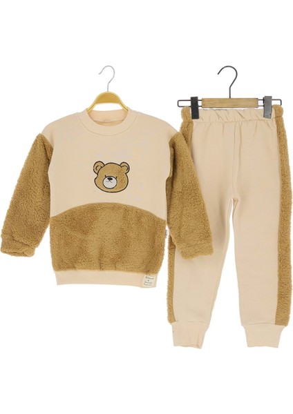 Welsoft Detaylı Ayı Nakışlı Üç Iplik Şardonlu Alt Üst Takım - MRT8140-BEJ-3 Yaş Bej