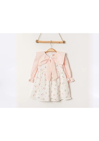 Çiçekli Yaka Fiyonk Detaylı Elbise - SOF3550-PEMBE-18 - 24 Ay Pembe