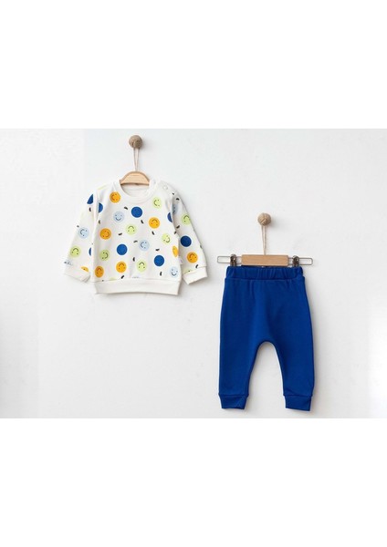 Happy Emoji Baskılı Iki Iplik Alt Üst Takım - MNS3004-SAKS-18 Ay Saks