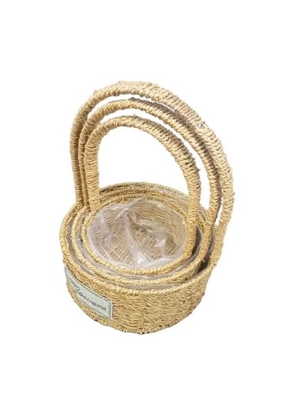 Yuvarlak Doğal Hasır Sepet Seti - 3'lü