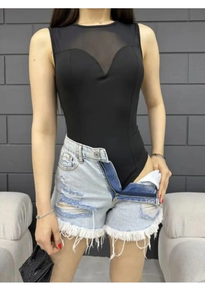 Tül Detaylı Bodysuit Dalgıç Bluz-Si̇yah fiyatları
