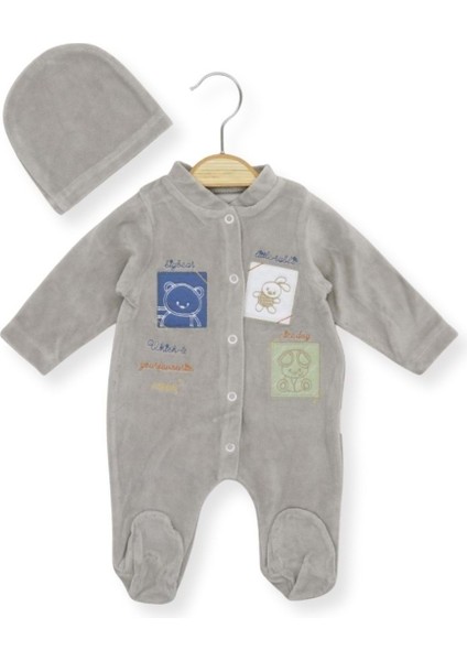 Kare Nakışlı Kadife Şapkalı Patikli Tulum - Gri - 6 - 9 Ay - HYT1259-GRI-6 - 9 Ay Gri