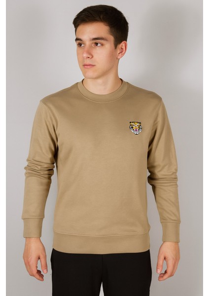 Yüksek Kaliteli Standart Fit Normal Kesim 3 Iplik Bisiklet Yaka Pamuklu Knz Taba Sweatshirt