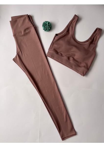 Kadın Spor Tayt Pedli Crop Büstiyer Kalın Askılı Fitilli Dalgıç Alt Üst Takım 2 'li Kota Mürdüm Renk
