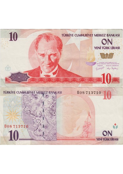 8. Emisyon 10 Ytl B08 Yeni Türk Lirası. Çok Çok Temiz(-)