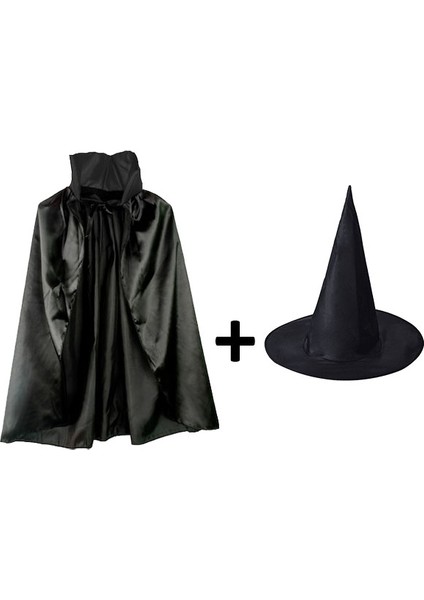 Wizard Siyah Yakalı Pelerin ve Siyah Cadı Şapkası Seti Çocuk Boy