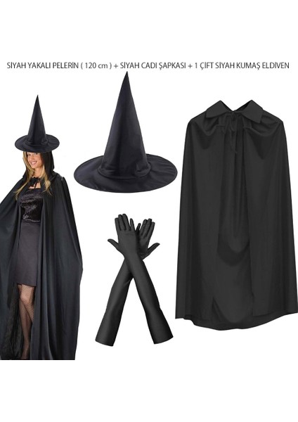 Wizard 120 cm Siyah Yakalı Cadı Pelerini Cadı Şapkası ve 1 Çift Siyah Kumaş Eldiven Seti 3 Parça