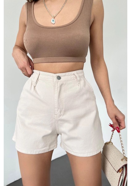 Çift Cepli Pileli Mini Denim Şort -Krem modelleri