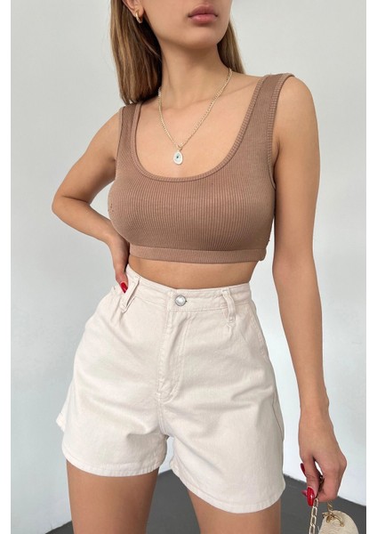 Çift Cepli Pileli Mini Denim Şort -Krem fırsatları