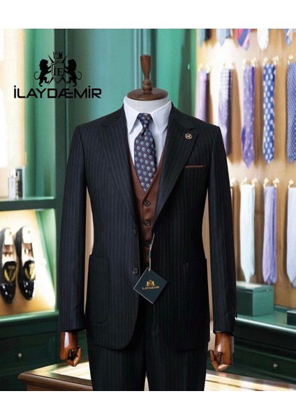 Slım Fıt Blazer Çizgili Erkek Takım Elbise Siyah