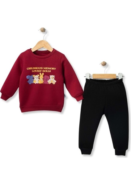 Chıldhood Memory Baskılı Üç Iplik Şardonlu Alt Üst Takım - MYS5187-VIŞNE-6 Ay Vişne