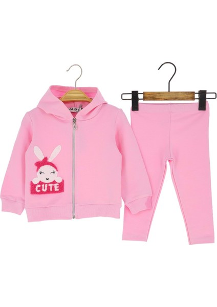 Kapüşonlu Cute Tavşan Nakışlı Taytlı Üçlü Alt Üst Takım - MDL2121-PEMBE-9 Ay Pembe