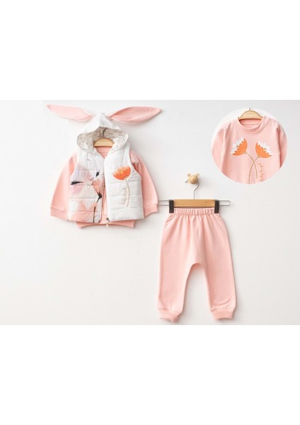 Tavşan Kulaklı Kapüşonlu Şişme Yelekli Üçlü Iki Iplik Alt Üst Takım - BBH636-SOMON-9 - 12 Ay Somon