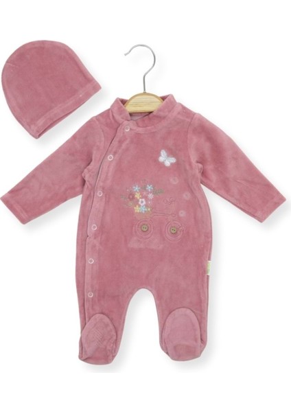 Bisikletli Çiçek Nakışlı Şapkalı Kadife Tulum - Gül Kurusu - 6 - 9 Ay - HYT1253-GÜL Kurusu-6 - 9 Ay Gül Kurusu