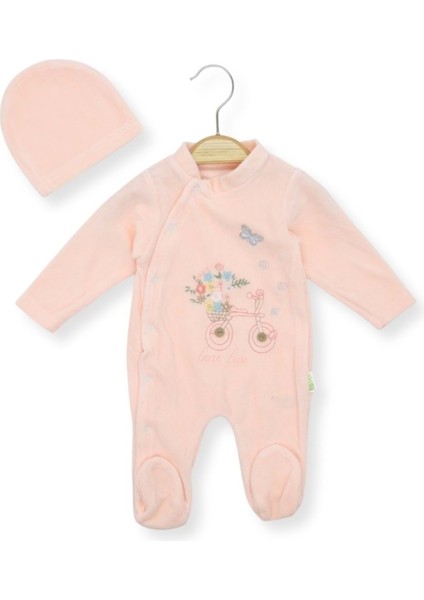 Bisikletli Çiçek Nakışlı Şapkalı Kadife Tulum - Somon - 3 - 6 Ay - HYT1253-SOMON-3 - 6 Ay Somon